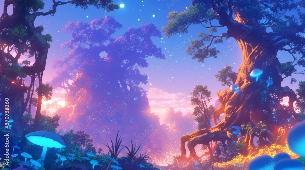 Magical Fantasy Forest with Glowing Mushrooms and Stellar Twilight Sky Magical Fantasy Forest with Glowing Mushrooms and Stellar Twilight Sky