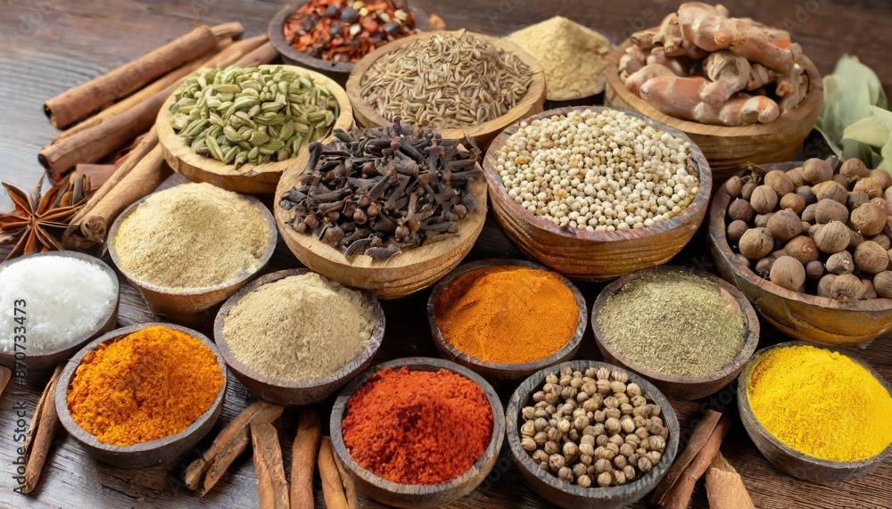 Set of different Indian spices for making food tasty. Generated with AI Set of different Indian spices for making food tasty. Generated with AI