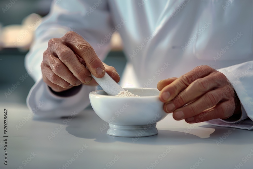 Pharmacist preparing medicine with mortar and pestle focus on concept. Pharmacist preparing medicine with mortar and pestle focus on concept.