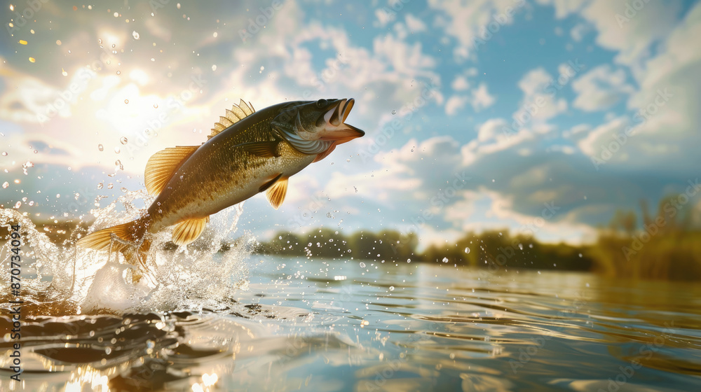 Fototapeta premium an adventurous bass fish jumping out of the water on a sunny day