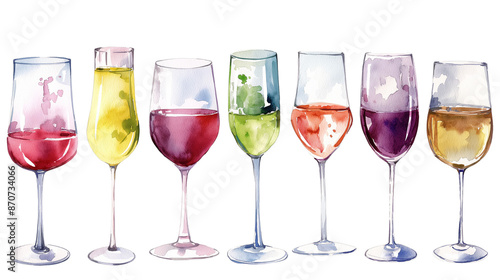 A series of wine glasses are shown in a row isolated on a transparent background