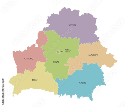 Vector map of Belarus with regions or oblasts and administrative divisions. Editable and clearly labeled layers.
