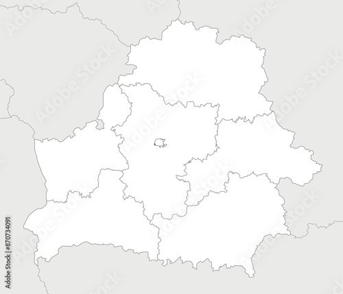 Vector blank map of Belarus with regions or oblasts and administrative divisions, and neighbouring countries. Editable and clearly labeled layers.