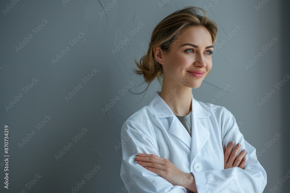 Smiling female doctor in lab coat against grey background. Smiling female doctor in lab coat against grey background.