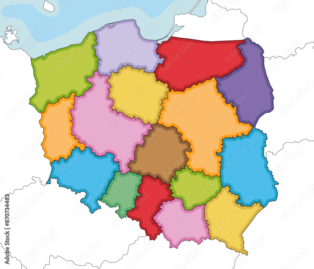 Vector illustrated blank map of Poland with provinces and administrative divisions, and neighbouring countries and territories. Editable and clearly labeled layers. Vector illustrated blank map of Poland with provinces and administrative divisions, and neighbouring countries and territories. Editable and clearly labeled layers.