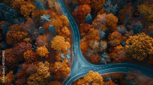 Aerial View of Winding Road Through Autumn Forest with Vibrant Foliage © Oleg