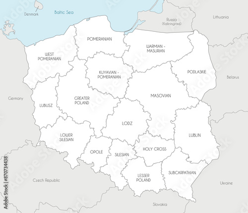 Vector map of Poland with provinces and administrative divisions, and neighbouring countries and territories. Editable and clearly labeled layers.
