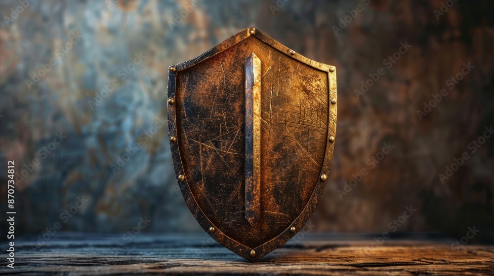 Fototapeta premium A conceptual image of a shield made of sturdy materials, symbolizing protection and safety from external threats or dangers, with a focus on the shield's resilience and strength.