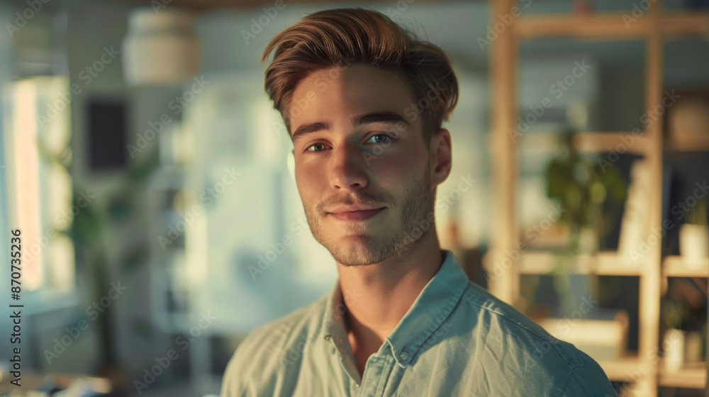 Obraz premium A young man in casual clothes works in a bright office. Handsome office employee looking at camera. Work concept.