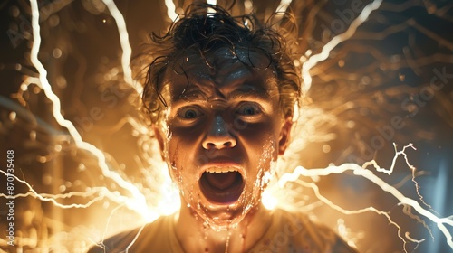 A dramatic image of a person receiving an electric shock, with visible arcs of electricity and a look of pain and surprise on their face, illustrating the danger of electrocution i photo