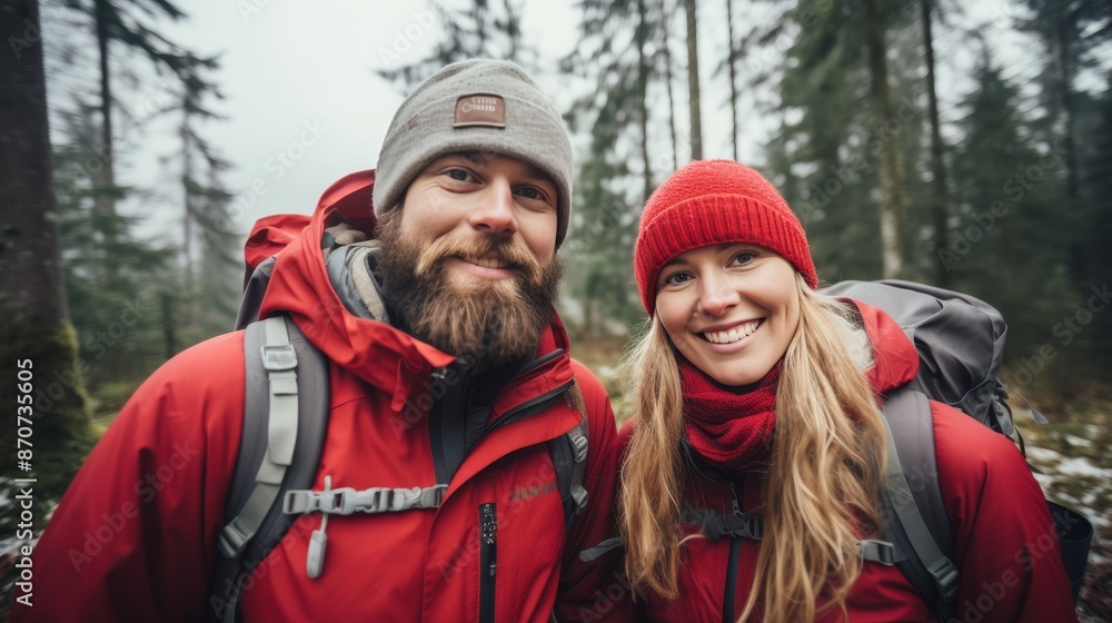 Happy couple smiling while hiking in nature and looking at camera, enjoying outdoor adventure Happy couple smiling while hiking in nature and looking at camera, enjoying outdoor adventure
