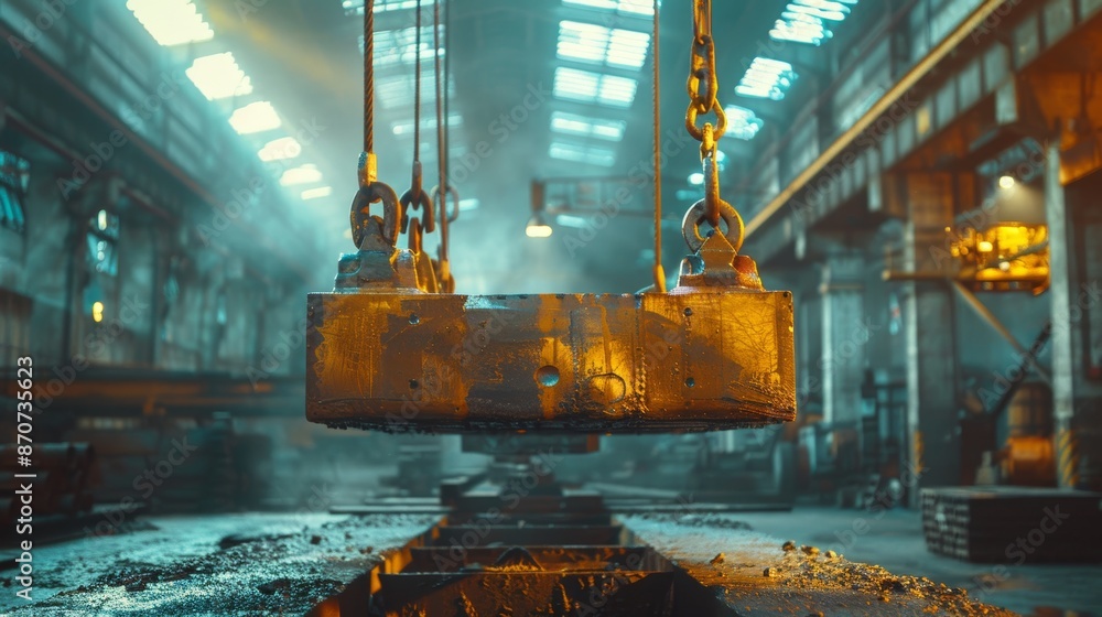 A dynamic shot of an electromagnet lifting a large piece of metal in an industrial setting, highlighting the practical applications of electromagnetism in heavy machinery and manuf A dynamic shot of an electromagnet lifting a large piece of metal in an industrial setting, highlighting the practical applications of electromagnetism in heavy machinery and manuf