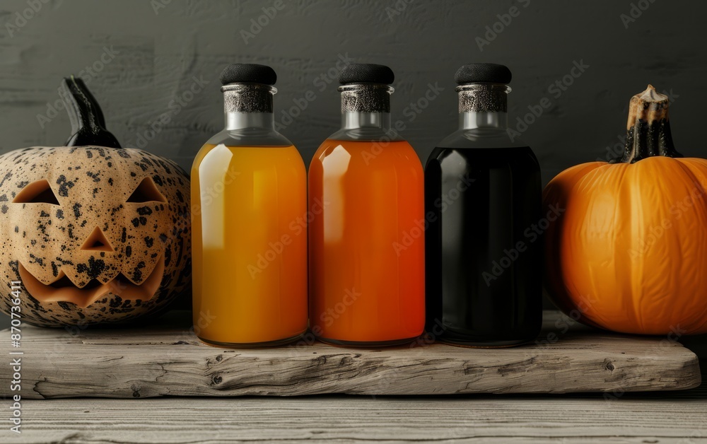 Halloween-themed setup with carved pumpkins and three colorful beverage bottles on rustic wooden surface, perfect for autumn festivities. Halloween-themed setup with carved pumpkins and three colorful beverage bottles on rustic wooden surface, perfect for autumn festivities.
