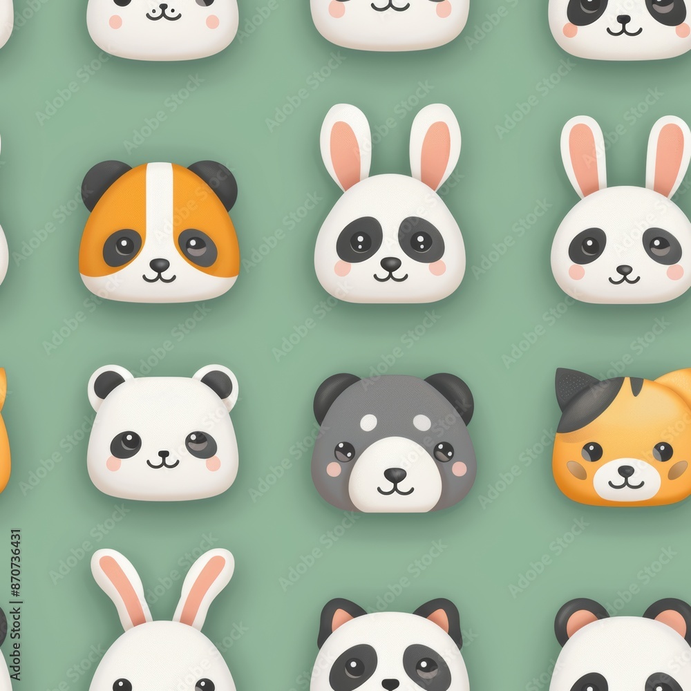 Obraz premium Seamless Pattern of Cute Animal Faces. Rabbits, Pandas, Bears, and Cats