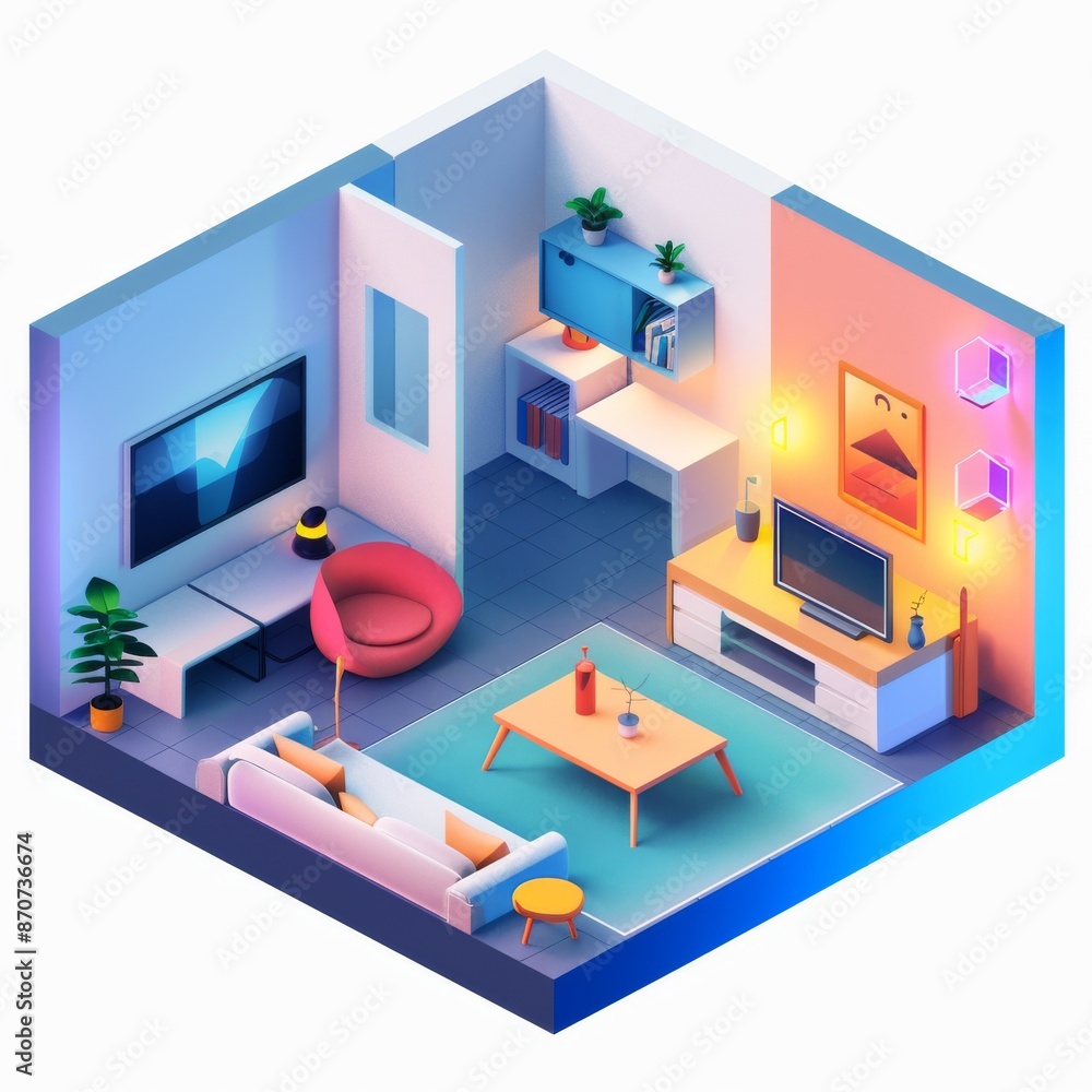 Modern Living Room and Office Blend with Colorful Lighting and Minimalist Decor Modern Living Room and Office Blend with Colorful Lighting and Minimalist Decor