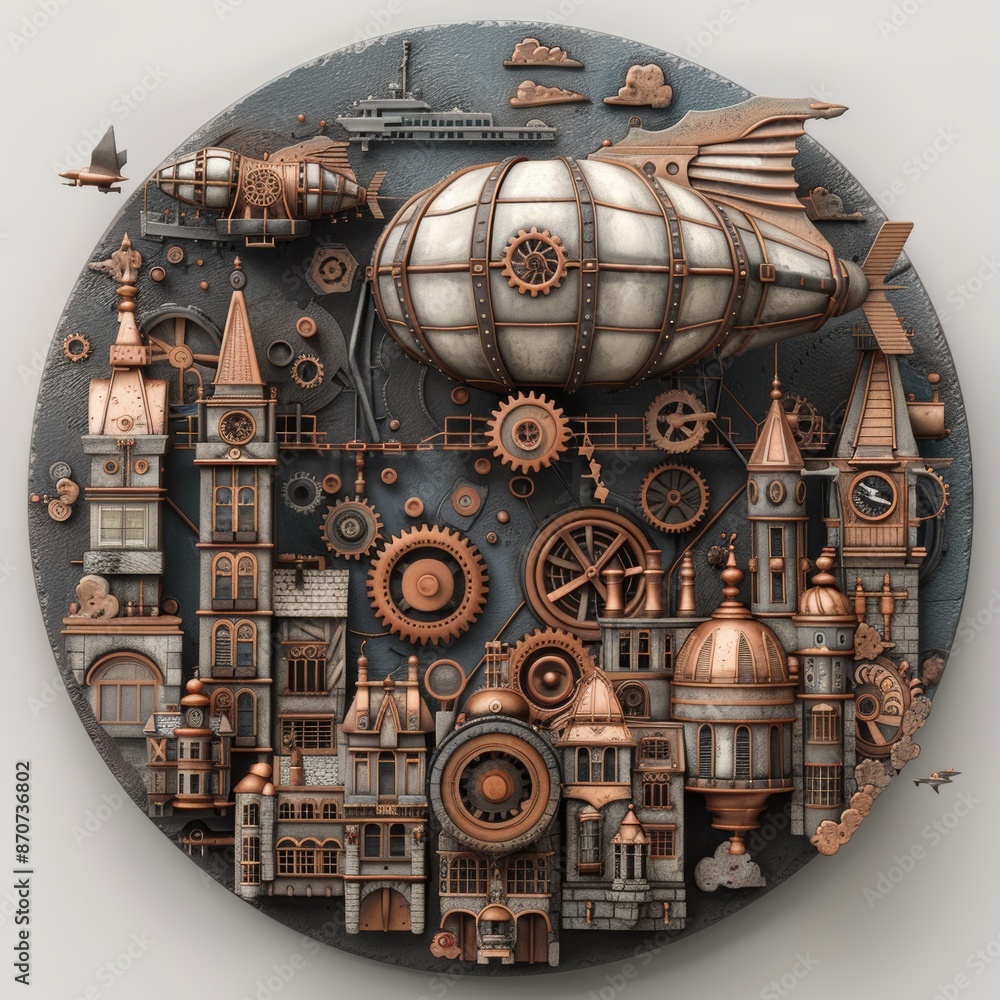 Fototapeta premium Steampunk City with Airship and Gears. Retro Futuristic Art