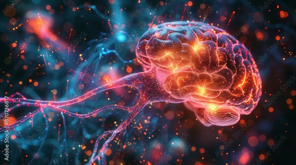 A digital illustration of the human brain, glowing with light and surrounded by swirling energy. Perfect for concepts related to consciousness, neuroscience, and mental health. A digital illustration of the human brain, glowing with light and surrounded by swirling energy. Perfect for concepts related to consciousness, neuroscience, and mental health.