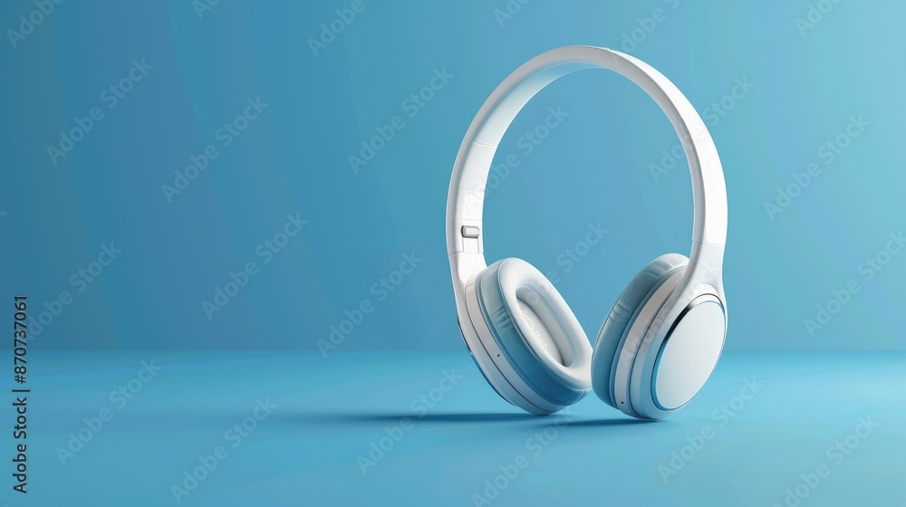 Bluetooth headphones in modern white on blue backdrop Bluetooth headphones in modern white on blue backdrop