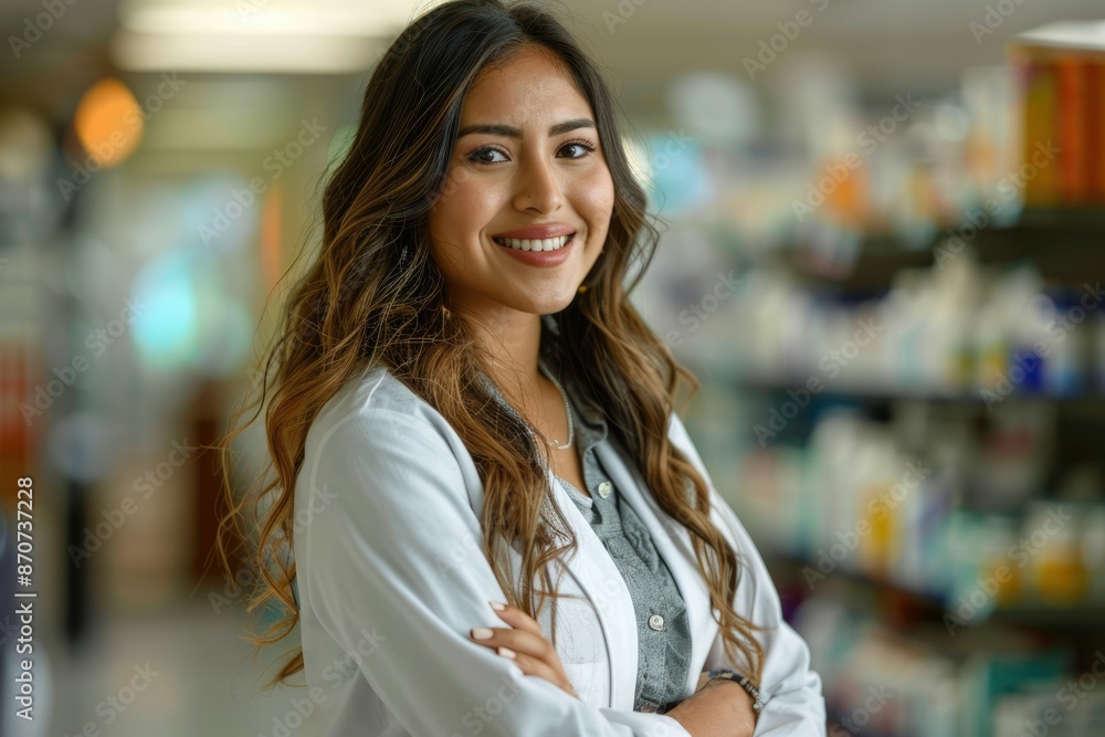Obraz premium Young hispanic woman pharmacist smiling confident standing at pharmacy