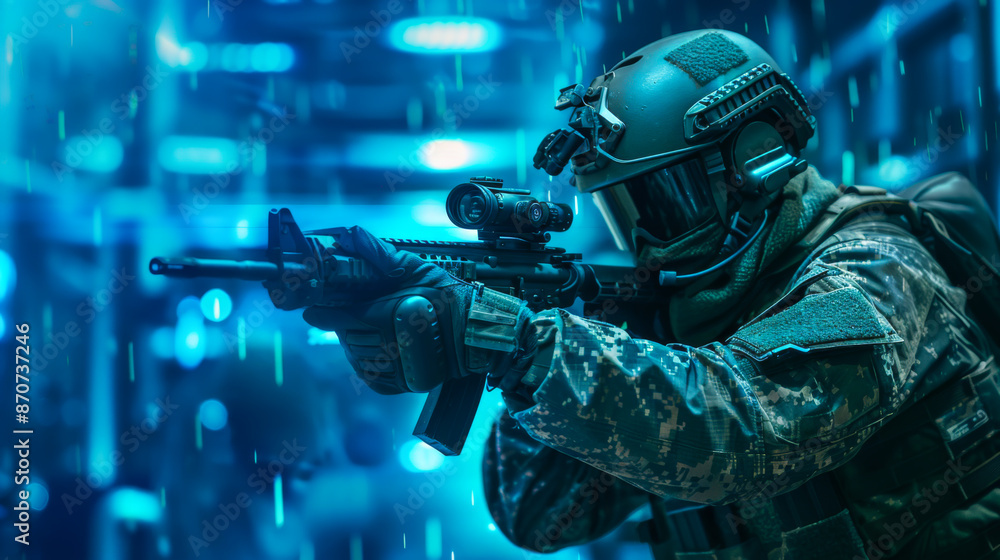 Portrait of an experienced soldier with a special uniform with a gun in his hands on a futuristic background. Military concept of the future. Army, military concept. Portrait of an experienced soldier with a special uniform with a gun in his hands on a futuristic background. Military concept of the future. Army, military concept.