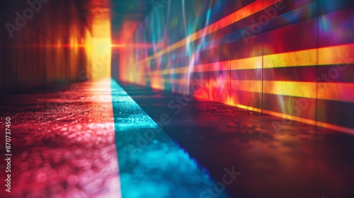 An artistic depiction of light waves traveling through a prism, separating into different colors based on their wavelengths, demonstrating the dispersion of light and the concept o