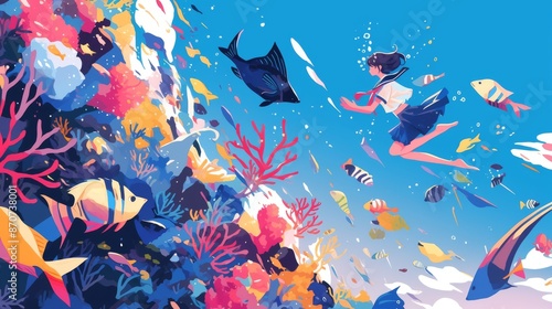Vibrant Underwater Scene with Coral Reef and Swimmer in Aquatic Wonderland