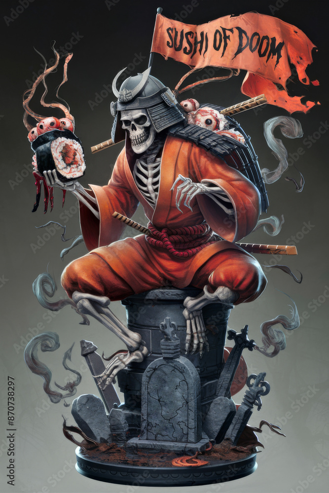 Fototapeta premium Stunning dark fantasy art featuring a samurai skeleton holding grotesque sushi. the eerie design is perfect for halloween decorations, themed posters, and unique art prints.