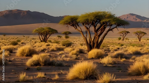 Grassy steppe with Camel Thorn trees (Vachellia erioloba), near Sesriem, evening light, Naukluft Mountains at the back, Sesriem, Namibia. Horizontal. photo