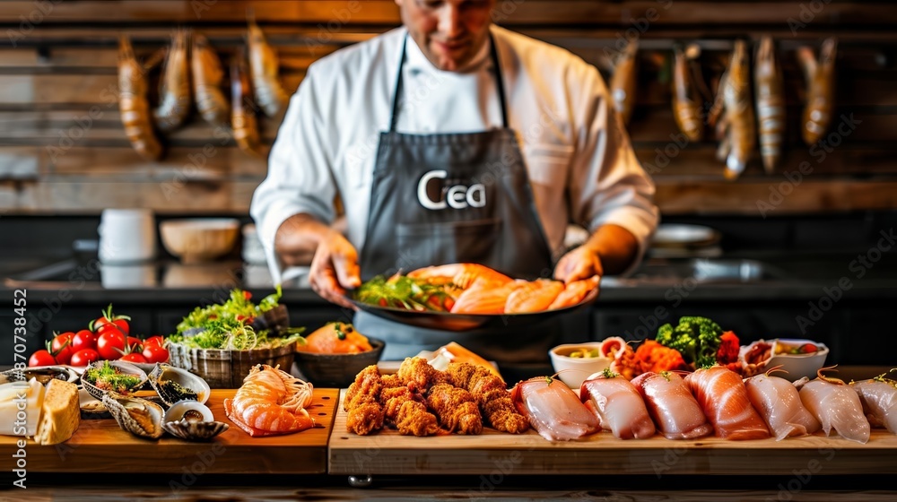 Chef preparing an elaborate seafood platter, with various shellfish and garnishes, illustrating luxury and abundance Chef preparing an elaborate seafood platter, with various shellfish and garnishes, illustrating luxury and abundance