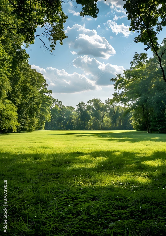 Green open field with trees and blue sky Green open field with trees and blue sky