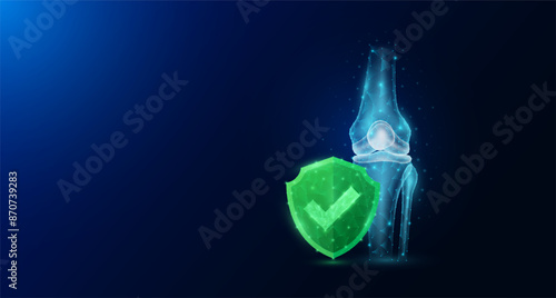 Knee joint bone human organ anatomy with check mark in green shield glowing. Protection arthritis osteoporosis. Medical science concept. Banner empty space for text. Vector EPS10.