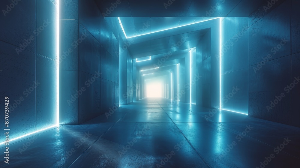 A long, narrow room with blue walls and blue lights A long, narrow room with blue walls and blue lights