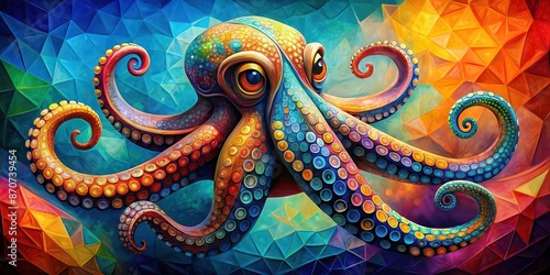 Colorful octopus painted in creative cubism style with vibrant colors , oil painting, octopus, cubism, creative, colorful