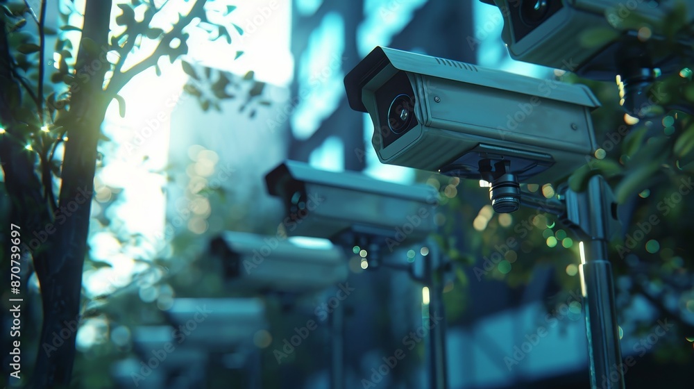 A row of security cameras are mounted on poles in a forest A row of security cameras are mounted on poles in a forest