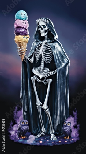 Eerie hooded skeleton holding a stacked ice cream cone, accompanied by three owls against a mystic purple and blue background. perfect for halloween-themed art, posters, and designs.