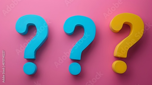 Three blue and yellow question marks are on a pink background