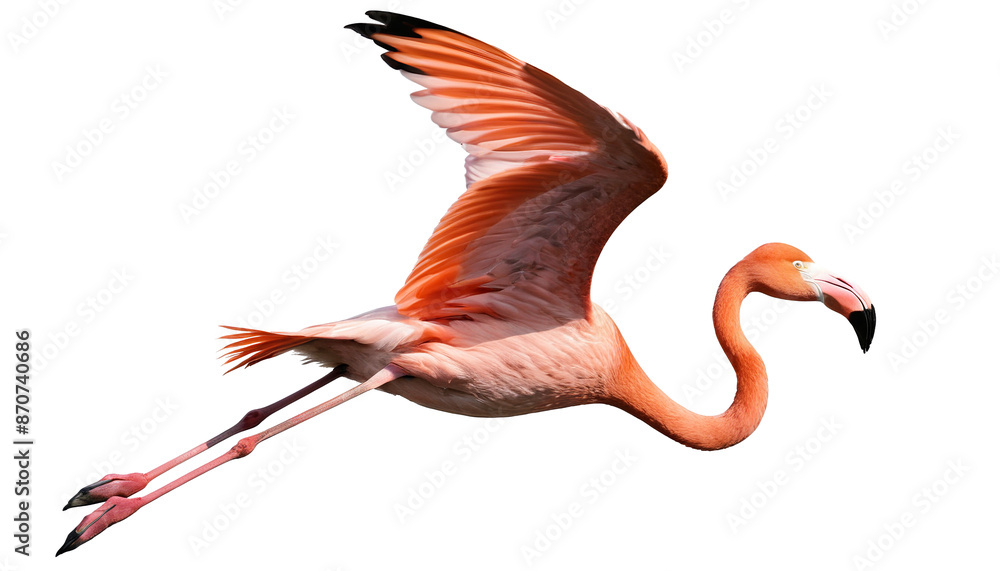 Fototapeta premium Soaring Grace: A Pink Flamingo in Flight Against a White Backgroundisolated on transparent background PNG file