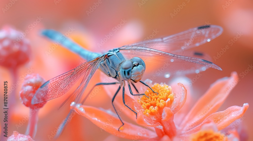 A delicate dragonfly perches gracefully on a vibrant orange flower, showcasing intricate wings. A delicate dragonfly perches gracefully on a vibrant orange flower, showcasing intricate wings.