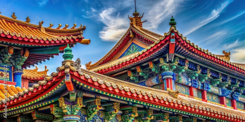 Naklejka premium Traditional Chinese temple roof with colorful ornate details , Chinese architecture, religious, cultural, intricate