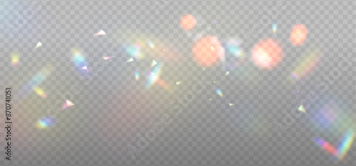 Prism light dispersion overlay with rainbow light effect, transparent flares of crystal diamond. Prism light glares or lens flare spectrum of gem glass refraction or sun light sparkle. Vector
