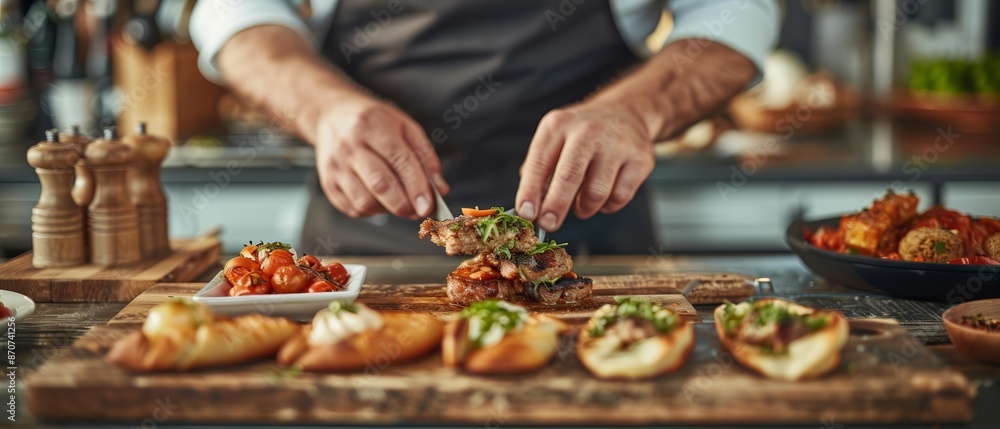 Chef working on food styling for a photo shoot, arranging dishes with meticulous attention to detail, highlighting the visual aspect of culinary work Chef working on food styling for a photo shoot, arranging dishes with meticulous attention to detail, highlighting the visual aspect of culinary work