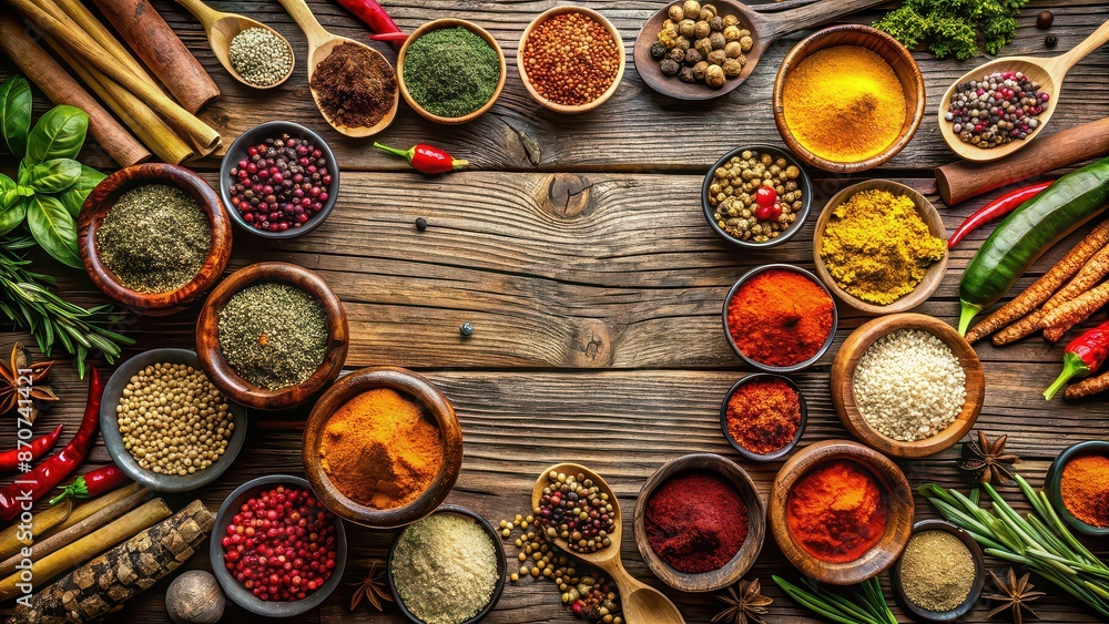 A colorful collection of various spices on a rustic wooden table, spices, variety, assortment, cooking, culinary, food A colorful collection of various spices on a rustic wooden table, spices, variety, assortment, cooking, culinary, food