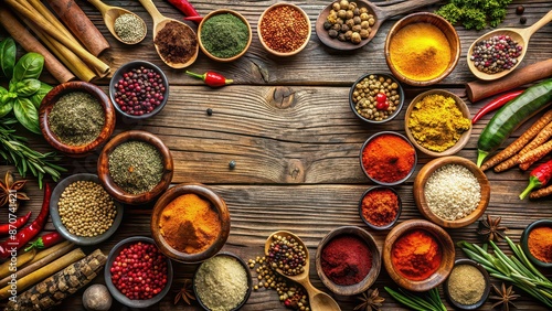 A colorful collection of various spices on a rustic wooden table, spices, variety, assortment, cooking, culinary, food