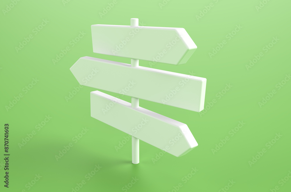 Close-up of white direction sign on green background. 3d rendering illustration. Close-up of white direction sign on green background. 3d rendering illustration.