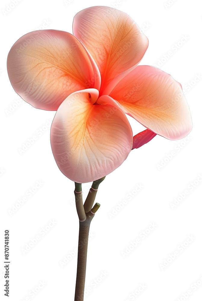 Close-up of a beautiful pink and orange plumeria flower with delicate petals against a white background. Ideal for floral and nature themes. png. cut out. transparent background.