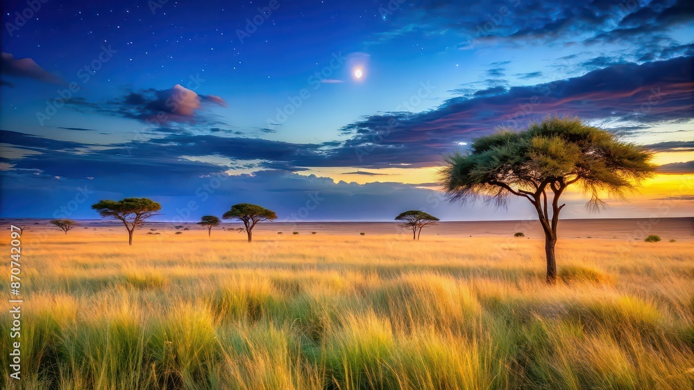 Twilight savannah landscape with shimmering grass , savannah, twilight, stars, grass, landscape, nature, scenic, Africa, dusk Twilight savannah landscape with shimmering grass , savannah, twilight, stars, grass, landscape, nature, scenic, Africa, dusk