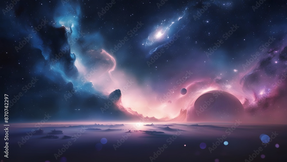 Fototapeta premium Star-filled expanse of the Star Wars universe with swirling nebulae and distant galaxies in deep blue and purple.