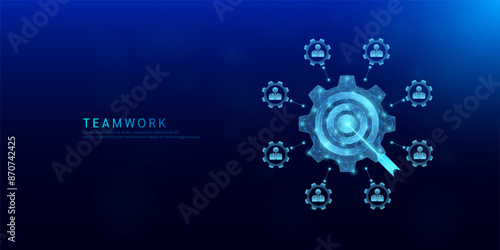 Target polygonal glowing on cogwheels surrounded by people icon gears. Share ideas workplace teamwork. Collaboration effective functioning for the organization success goals. Vector EPS10.