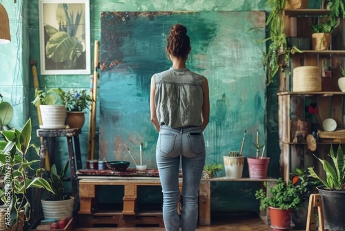 A person standing back to admire their work after painting a room or piece of furniture, with a satisfied expression and a beautifully finished project
