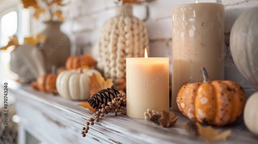 Cozy autumn mantel decorated with lit candles, pumpkins, and fall leaves, creating a warm and inviting seasonal atmosphere. Cozy autumn mantel decorated with lit candles, pumpkins, and fall leaves, creating a warm and inviting seasonal atmosphere.
